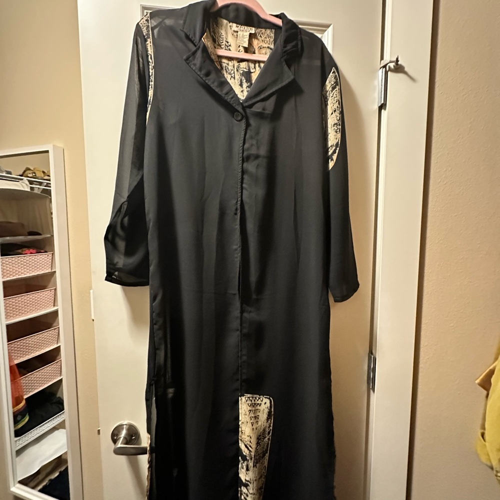 Black Satin Long Duster and sleeveless dress with Cream Print Panels